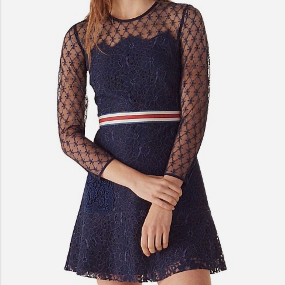 Sandro New with Tags Navy Blue Lace Dress with Belt